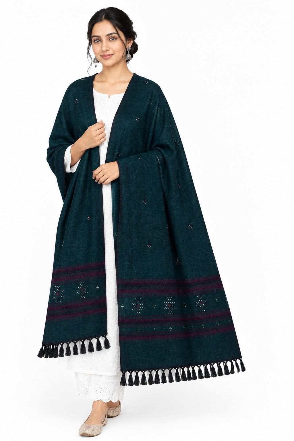 Handcrafted Tangaliya Pure Cotton Shawl in Deep Forest Teal & Wine Red Handcrafted Tangaliya Pure Cotton Shawl in Deep Forest Teal & Wine Red