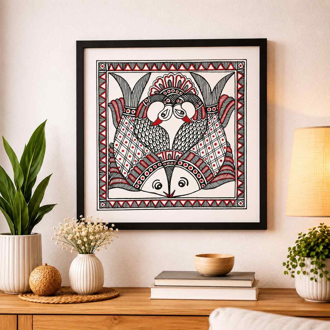 Madhubani Fish & Lovebirds Painting on Handmade Paper – Mithila Matsya Kachni Art Madhubani Fish & Lovebirds Painting on Handmade Paper – Mithila Matsya Kachni Art