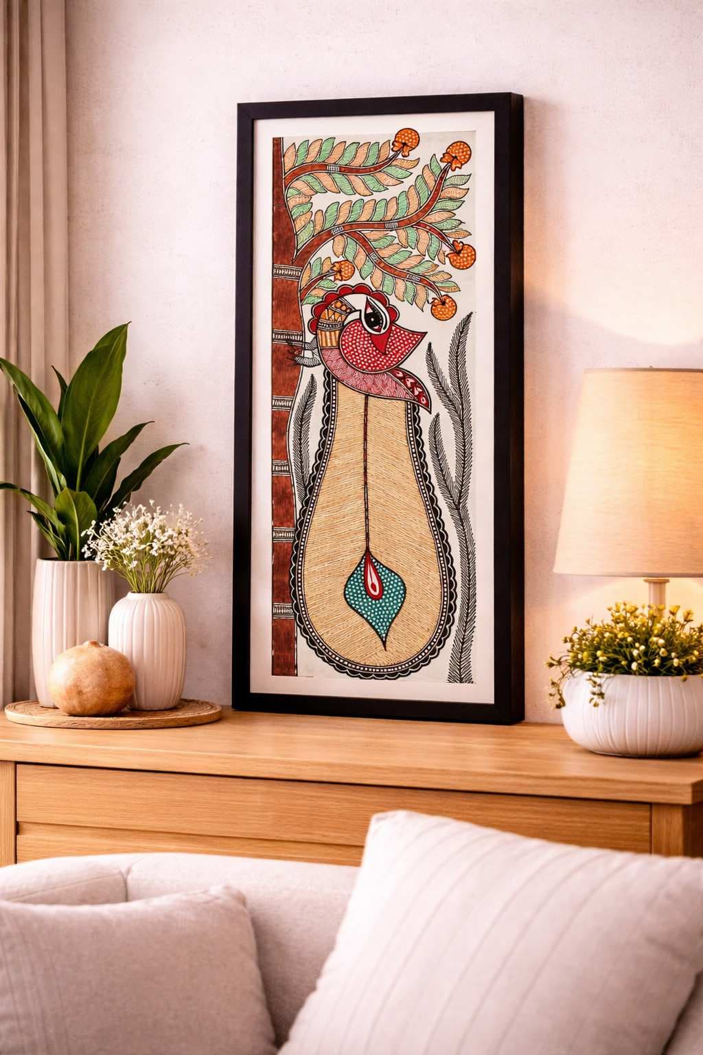 Madhubani Peacock Painting on Handmade Paper – Dancing Mayur with Pomegranate Canopy Madhubani Peacock Painting on Handmade Paper – Dancing Mayur with Pomegranate Canopy