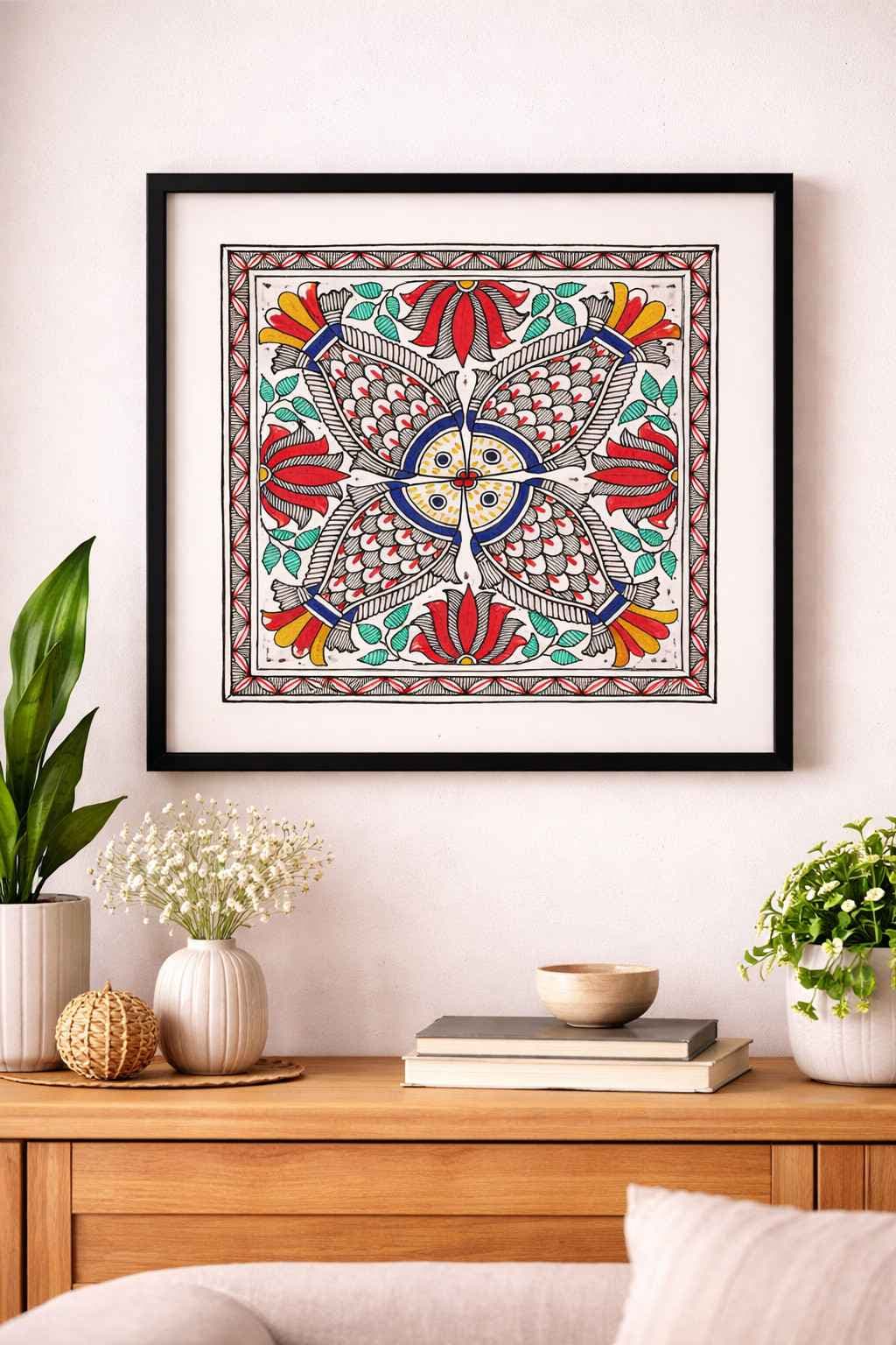Handmade Madhubani Four-Fish Cross Motif Painting on Paper (Symmetrical Matsya Mandala) Handmade Madhubani Four-Fish Cross Motif Painting on Paper (Symmetrical Matsya Mandala)