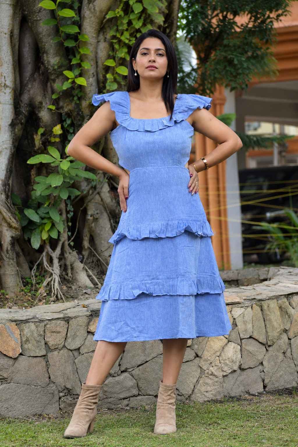 Short Frilled Sleeves High Waist,Multi Tiered Midi A Line Swing Dress Short Frilled Sleeves High Waist,Multi Tiered Midi A Line Swing Dress