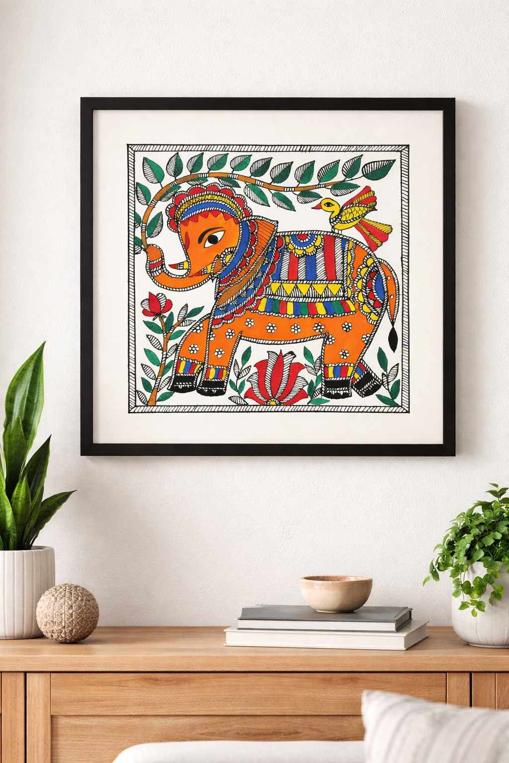Madhubani Elephant & Bird Painting on Handmade Paper – Vibrant Orange Gaja with Lotus Madhubani Elephant & Bird Painting on Handmade Paper – Vibrant Orange Gaja with Lotus