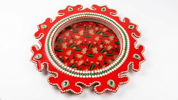 Handcrafted MDF Puja Thali with Glossy Resin Coat, Floral & Pearl Detailing – 30 cm Handcrafted MDF Puja Thali with Glossy Resin Coat, Floral & Pearl Detailing – 30 cm