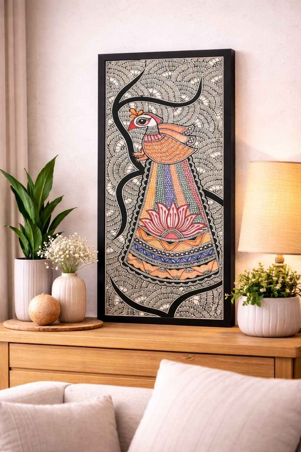 Handmade Vertical Madhubani Peacock Painting on Paper (Mayur and Blooming Lotus) Handmade Vertical Madhubani Peacock Painting on Paper (Mayur and Blooming Lotus)