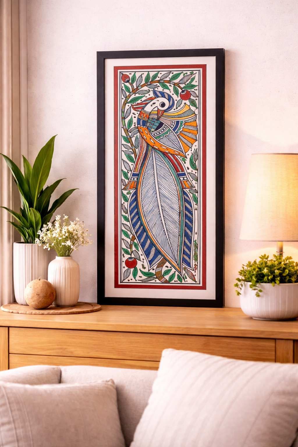 Madhubani Peacock Painting on Handmade Paper – Mayur with Elongated Plume Madhubani Peacock Painting on Handmade Paper – Mayur with Elongated Plume