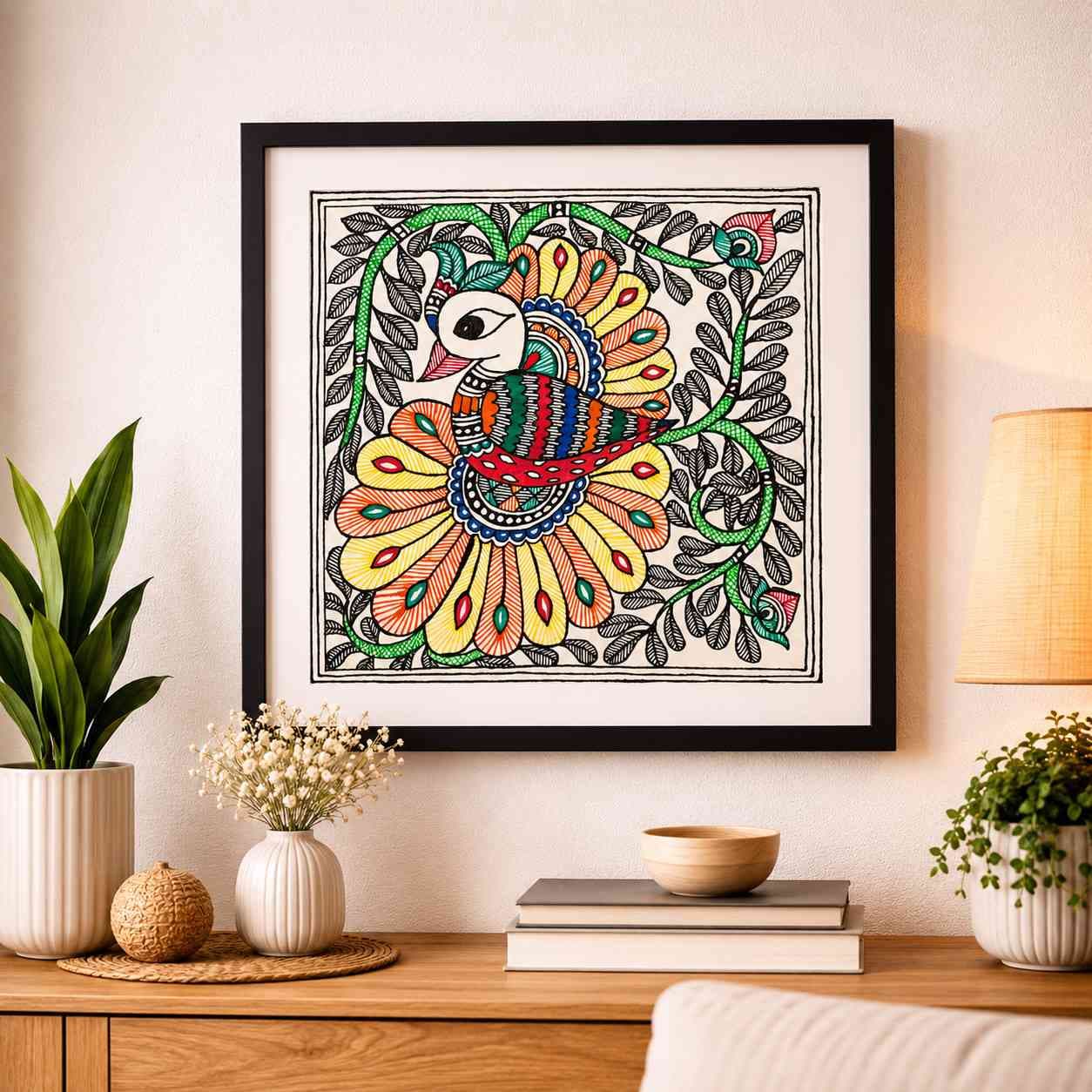 Madhubani Peacock Painting on Handmade Paper – Dancing Mayur on Flower Madhubani Peacock Painting on Handmade Paper – Dancing Mayur on Flower