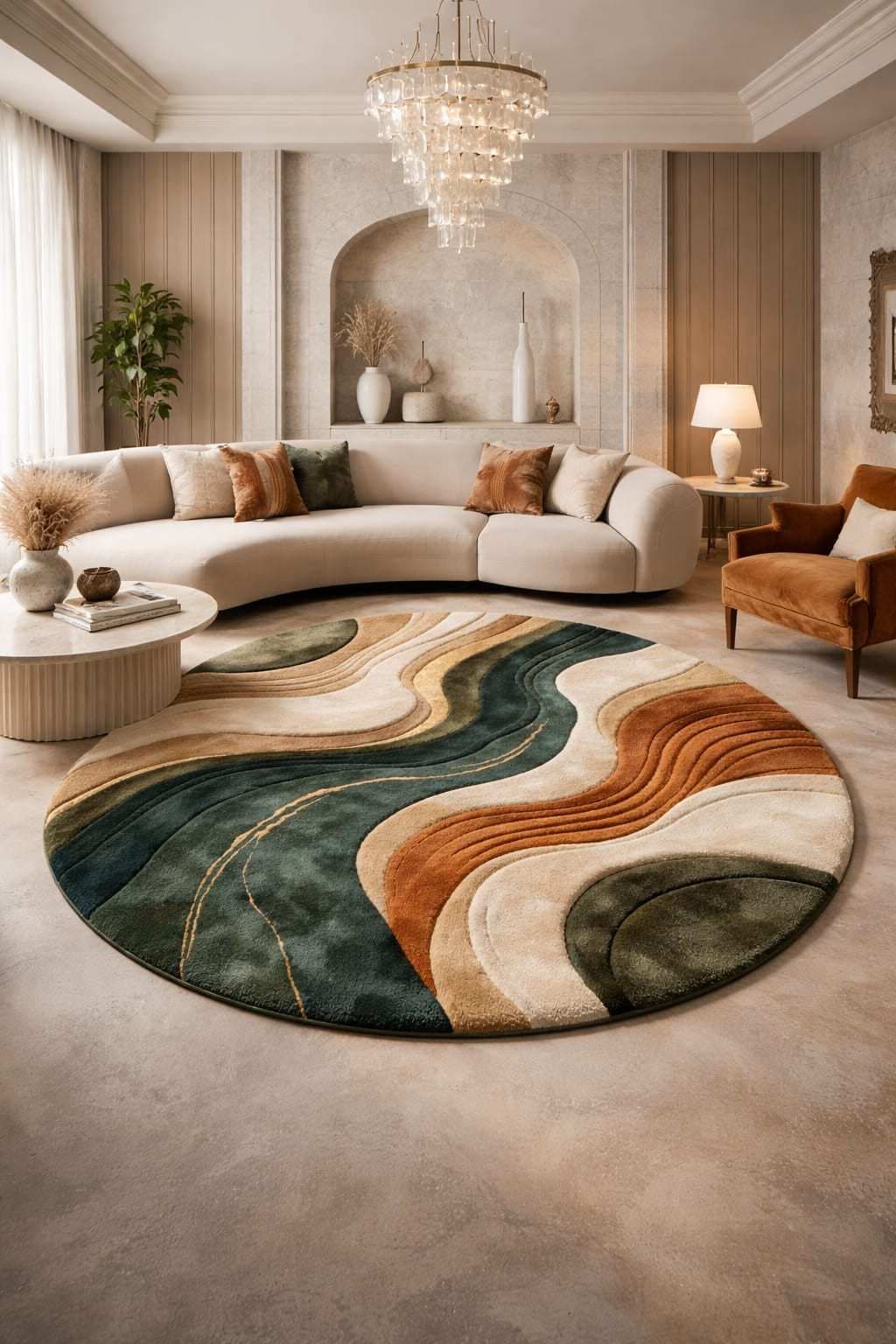 Luxury Round Abstract Area Rug | Premium New Zealand Wool Multi-Color Wavy Landscape Carpet for Living Room & Contemporary Bedroom Luxury Round Abstract Area Rug | Premium New Zealand Wool Multi-Color Wavy Landscape Carpet for Living Room & Contemporary Bedroom