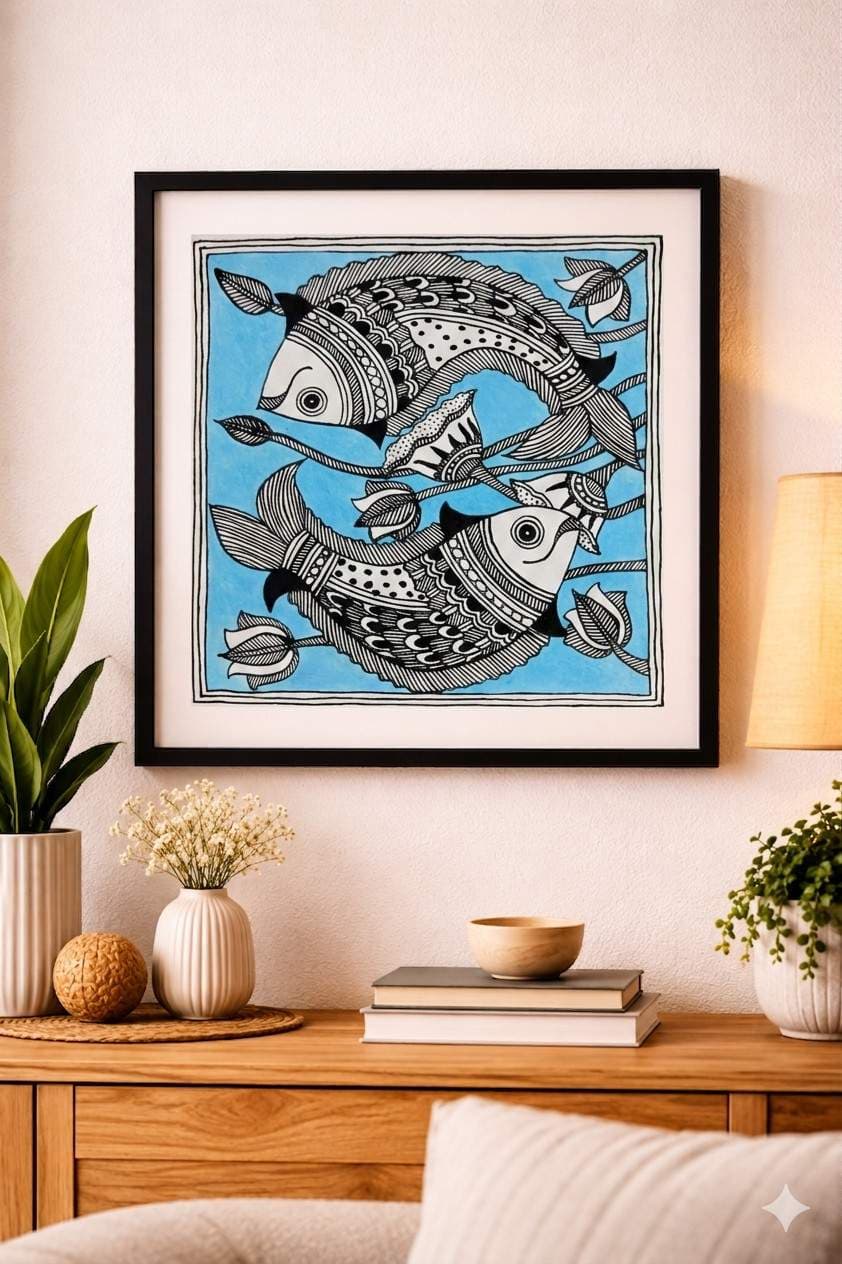 Madhubani Fish Painting on Handmade Paper – Twin Matsya with Lotuses on Sky Blue Madhubani Fish Painting on Handmade Paper – Twin Matsya with Lotuses on Sky Blue