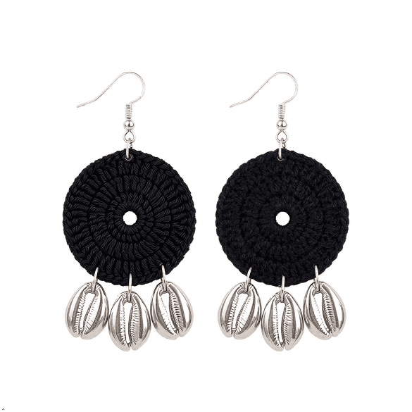 Handcrafted Crochet Round Earrings with Shell Charm Details Handcrafted Crochet Round Earrings with Shell Charm Details