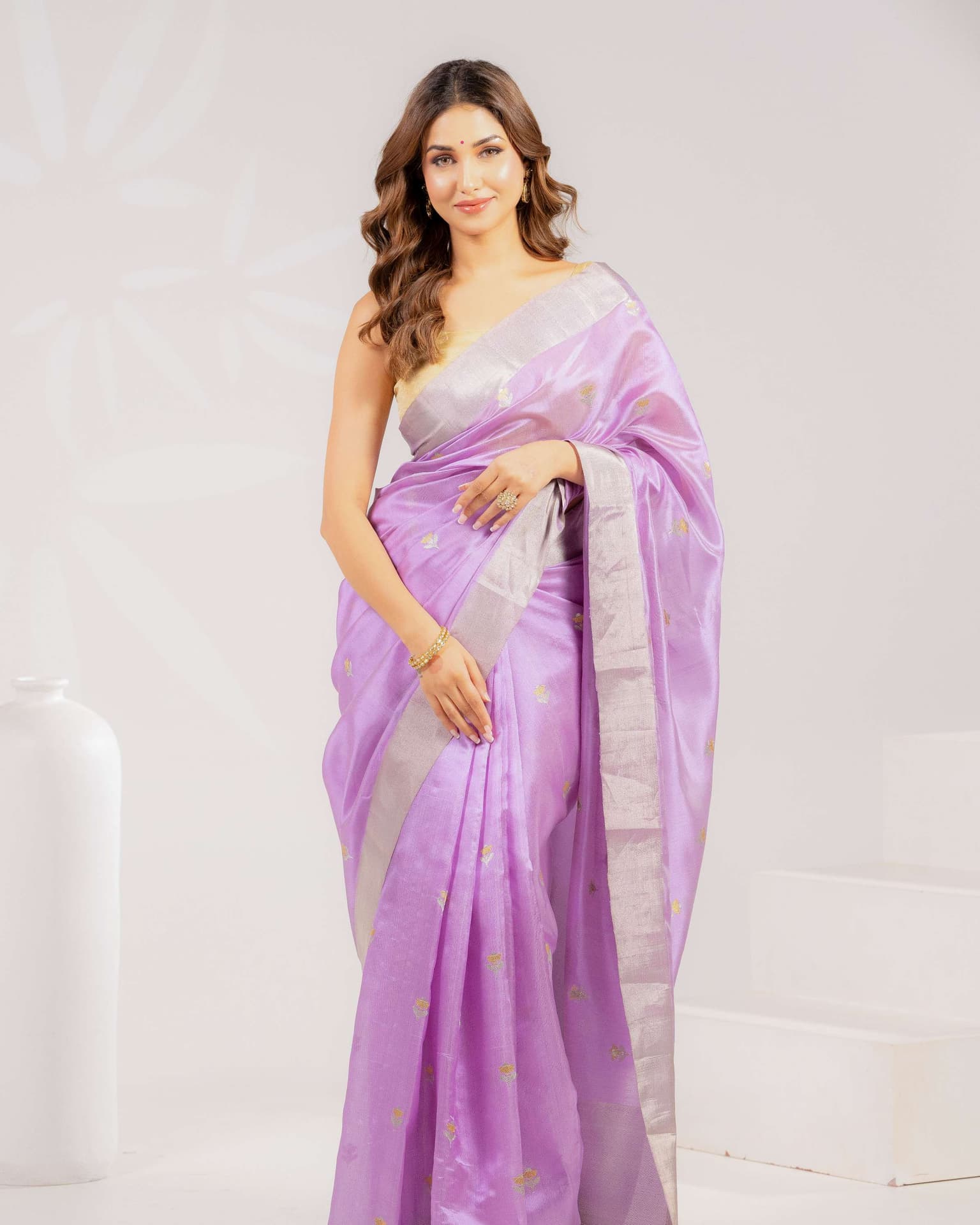 Lavender Purple Handwoven Chanderi Silk Saree with Sona-Rupa Butis Lavender Purple Handwoven Chanderi Silk Saree with Sona-Rupa Butis