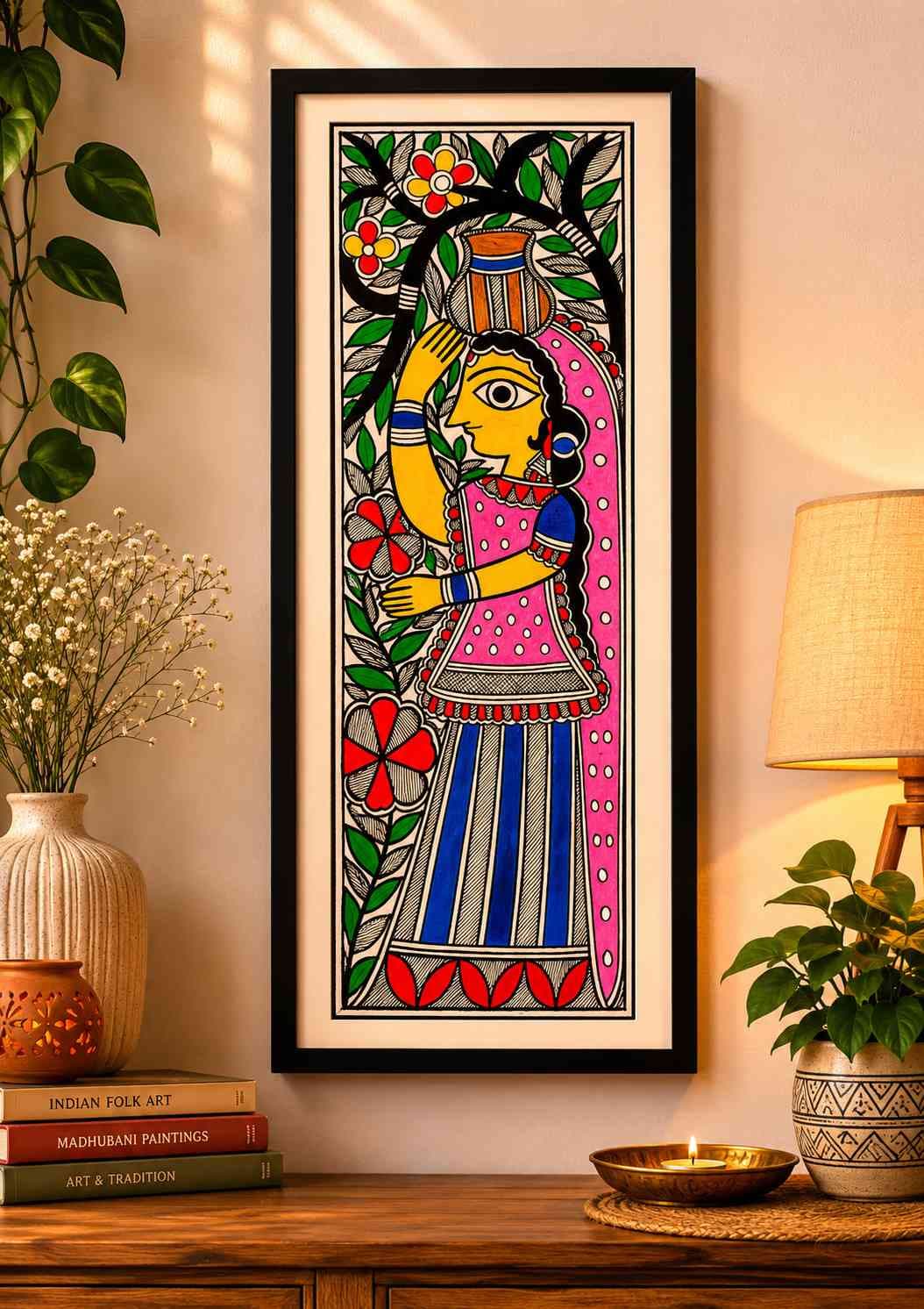 Madhubani Village Woman Painting on Handmade Paper – Mithila Lady with Water Pot Madhubani Village Woman Painting on Handmade Paper – Mithila Lady with Water Pot