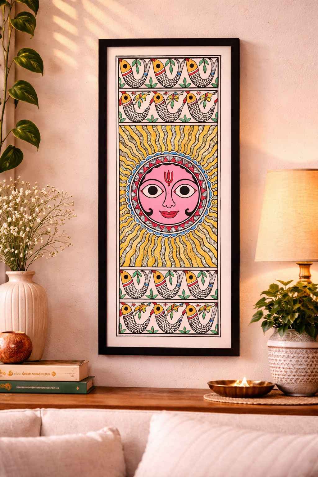 Madhubani Sun God Painting on Handmade Paper – Mithila Surya with Fish Border Madhubani Sun God Painting on Handmade Paper – Mithila Surya with Fish Border